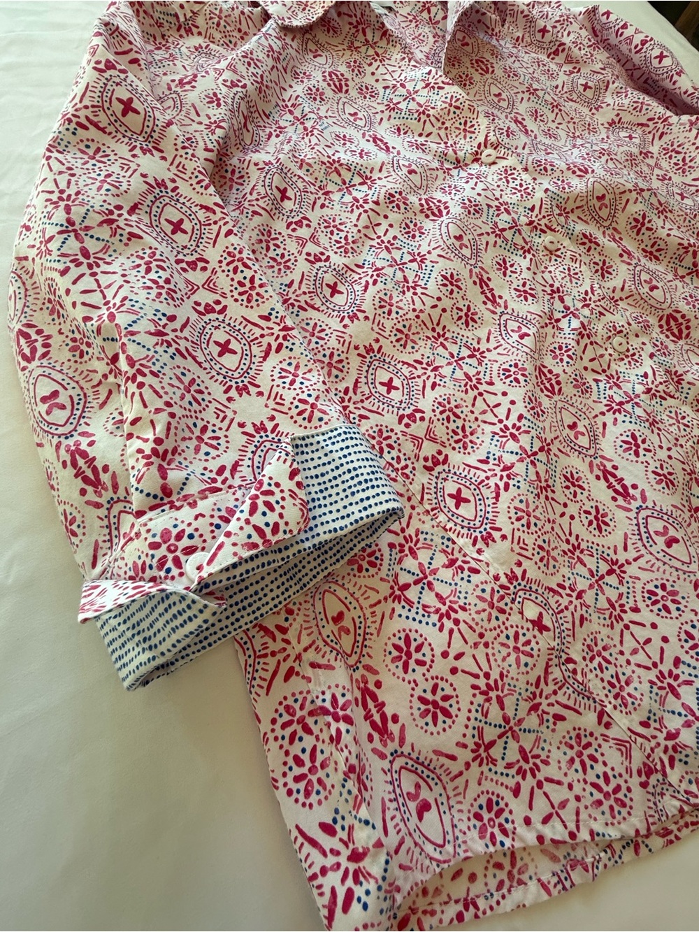 Foxcroft NYC Easy Care Button Front Shirt Large Pink Blue Print 3/4 Sleeve - Picture 5 of 10